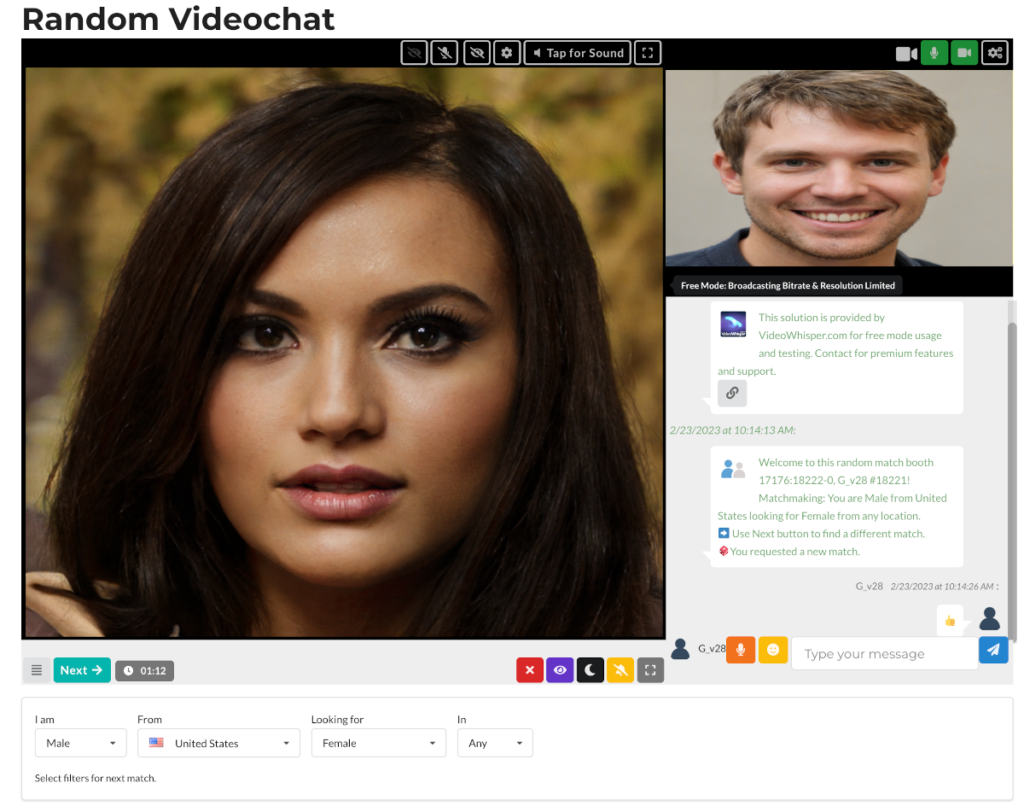 Random Videochat (Match Roulette) with Filter by Gender & Country